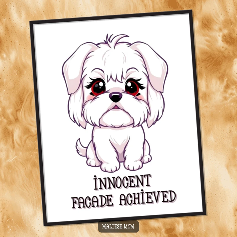 Funny digital art print of a Maltese dog character with a sweet, innocent blink, perfect for instant decor.