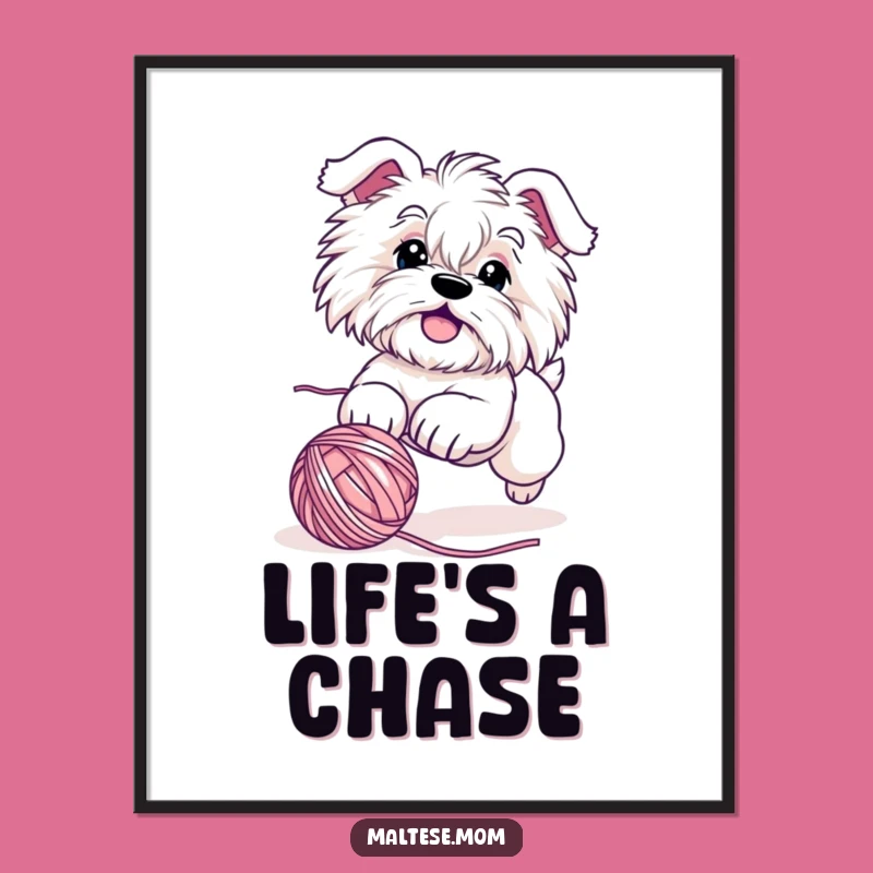 Funny Maltese Dog Yarn Chase Digital Art - Playful Puppy Decor Gift
