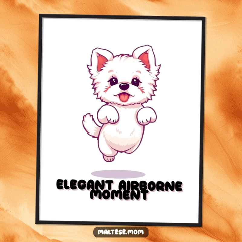 Funny digital art print of a Maltese dog character doing a tiny, elegant jump, perfect for graceful decor.