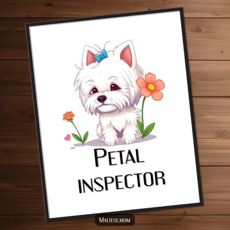 Funny Maltese Lady Digital Art Print: A cute Maltese dog curiously sniffing a colorful flower, for whimsical and funny decor.