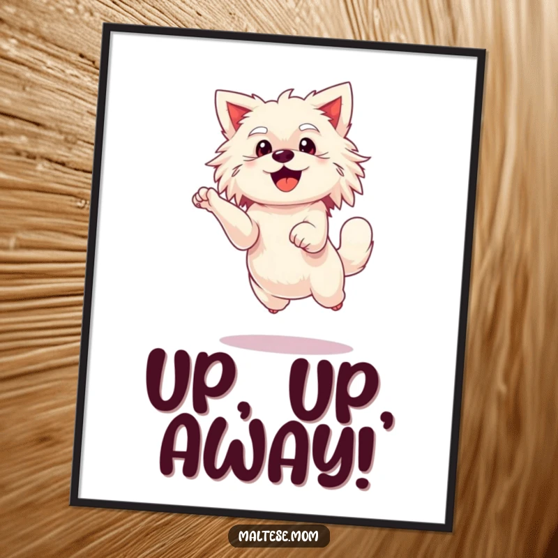 Funny Maltese lady dog digital art print, doing an enthusiastic leap, joyful and cute decor.