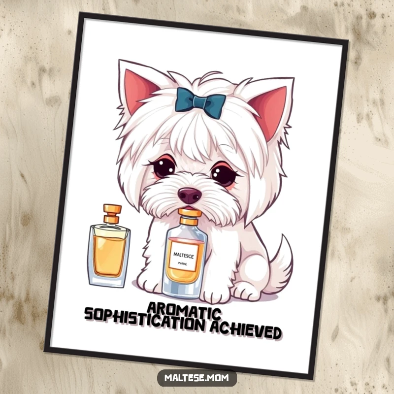 Funny digital art print of a Maltese dog character delicately sniffing a perfume bottle, perfect for chic decor.