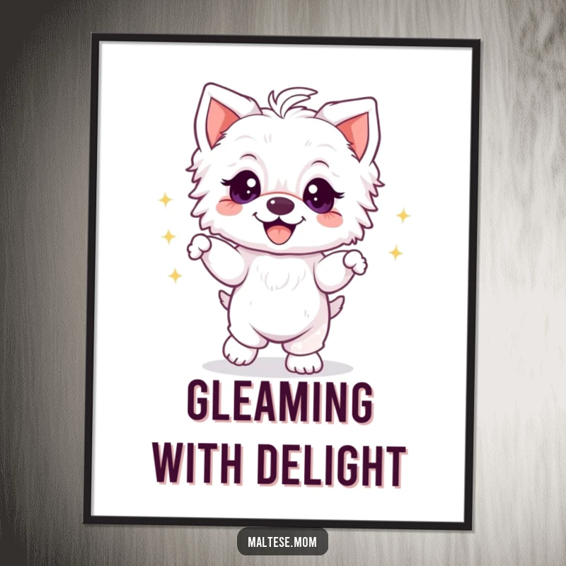 Funny Maltese puppy dancing with sparkly eyes and a grin, printable digital art for joyful and humorous decor.