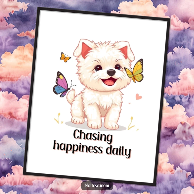 Funny digital art print of a smiling Maltese puppy joyfully chasing a butterfly, capturing pure childhood innocence and fun.