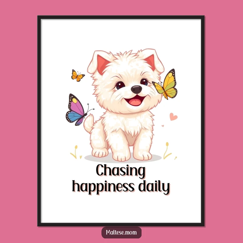 Funny Maltese Puppy Digital Print, Adorable Butterfly Chase Art