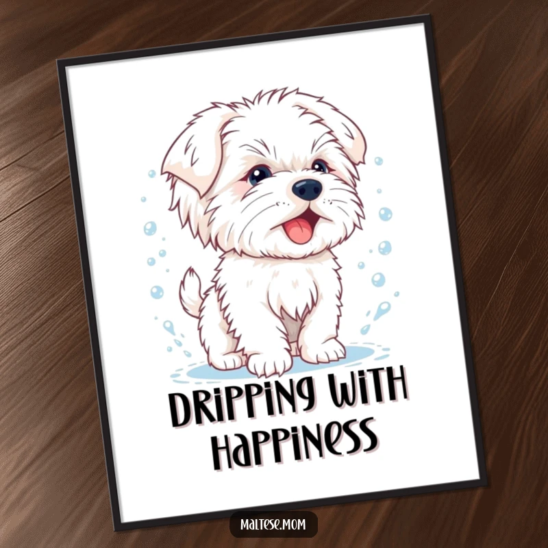 Funny digital art print of a happy Maltese puppy energetically shaking off water droplets, capturing playful refreshment.