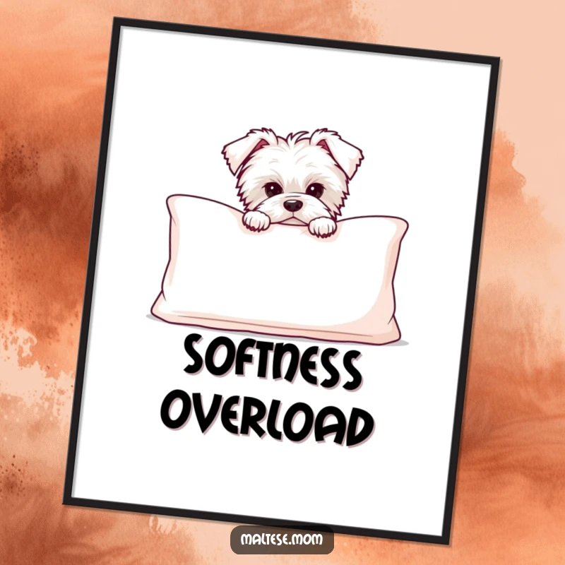 Funny Maltese puppy peeking from behind a large, soft cushion, printable digital art for playful and humorous decor.