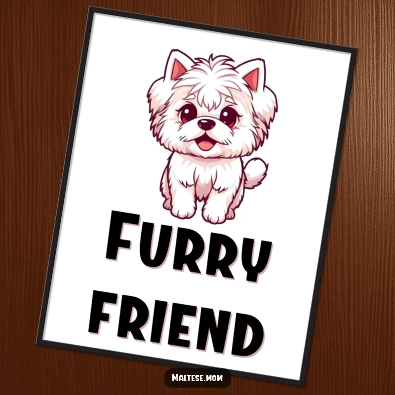 Funny Digital Artwork of a small, fluffy Maltese dog character with an excited wagging tail, perfect for joyful pet-themed decor.