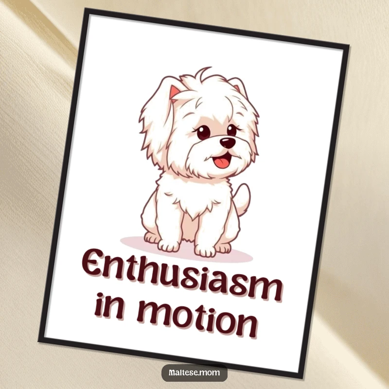 Funny digital art print of a Maltese dog character with a fluffy tail wagging enthusiastically, perfect for joyous decor.