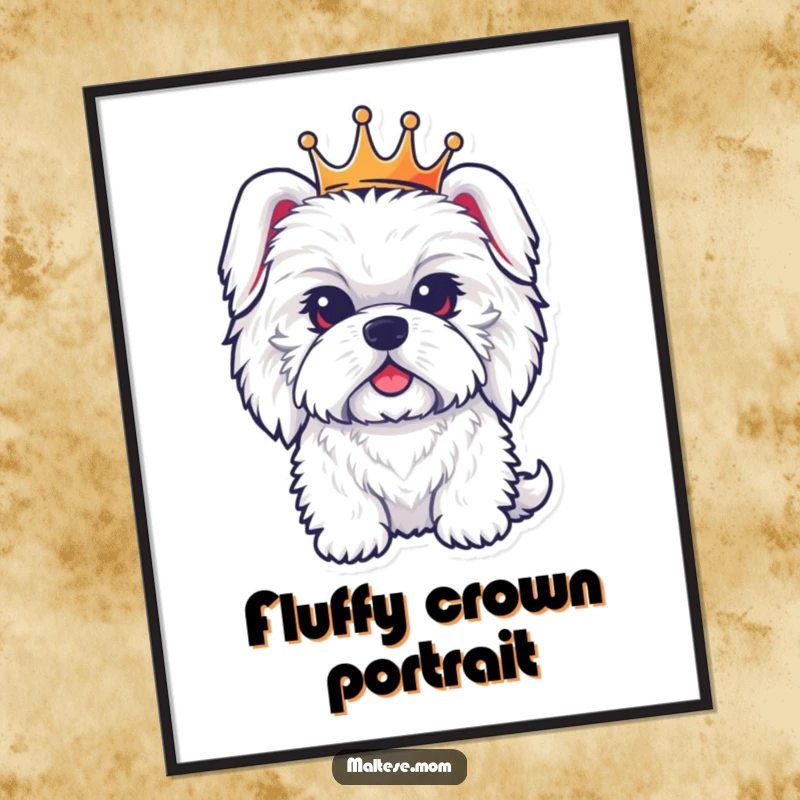 Funny digital art print of a fluffy Maltese dog character wearing a tiny crown, exuding dignified charm and playful regal humor.