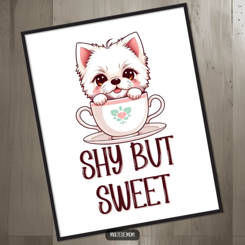 Funny Maltese Dog Digital Art Print: A shy Maltese dog peeks from behind a teacup, offering a sweet and bashful aesthetic.