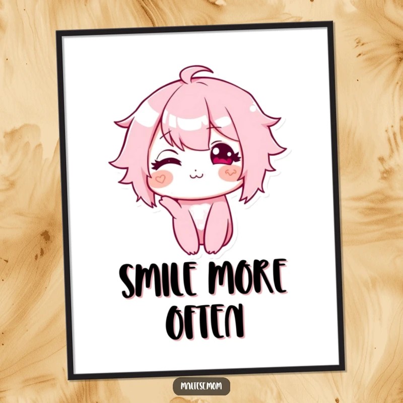 Funny digital art print of a character with a tiny, sweet smile and a slight head tilt, radiating warmth and adorable charm.