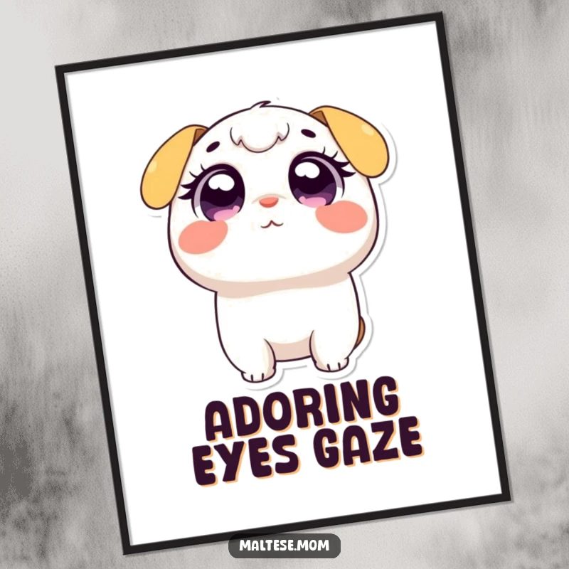 Funny digital art print of a small, endearing character gazing upwards with large, expressive, wide adoring eyes, radiating innocence.