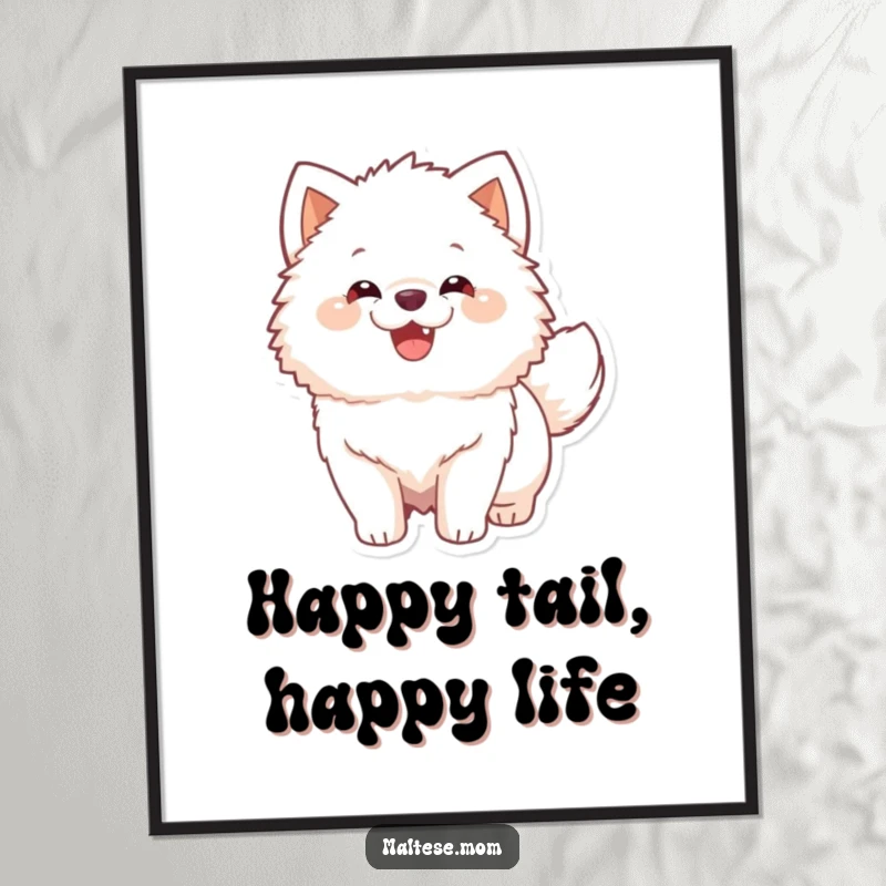 Funny Digital Art Print of a fluffy white dog with an ecstatic tail wag, capturing pure canine happiness for instant decor.