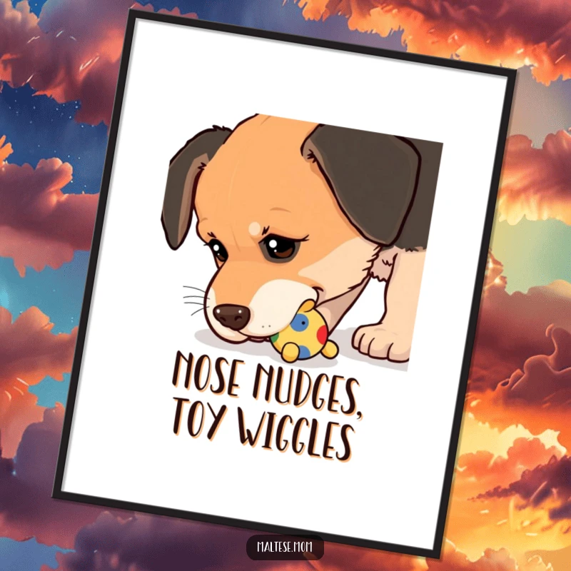 Funny Digital Art Print of a dog nudging a small, colorful toy with its wet nose, capturing playful interaction for decor.