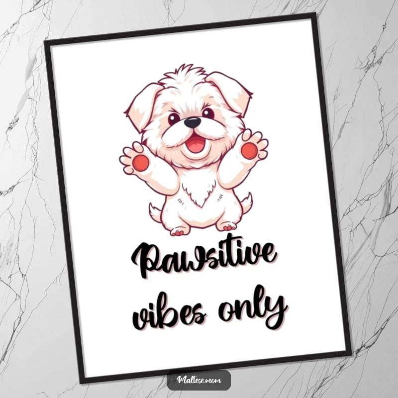 Funny Kawaii Maltese dog digital art print, featuring a cute white dog with paws outstretched in a warm, inviting welcome, radiating friendliness.