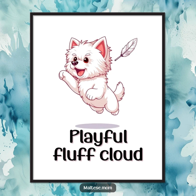 Funny Maltese puppy captured mid-air in an excited leap, reaching for a feather, printable digital art for homes.