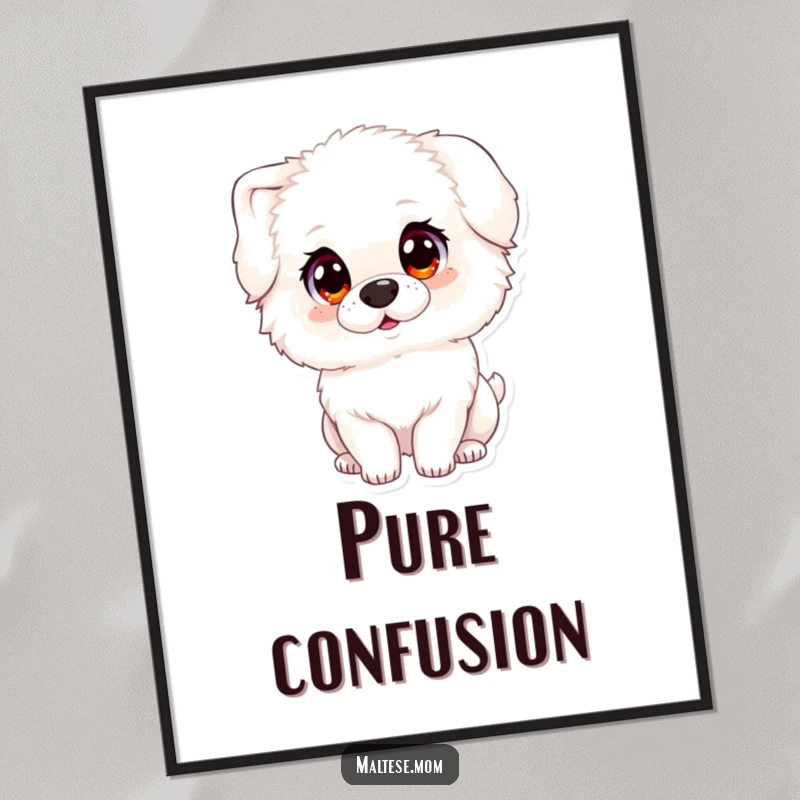 Funny digital art print of a fluffy white dog with large, innocent eyes, tilting its head, symbolizing irresistible cuteness.
