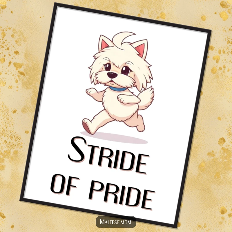 Funny Maltese lady dog digital art print, prancing with joy and determination, printable decor.