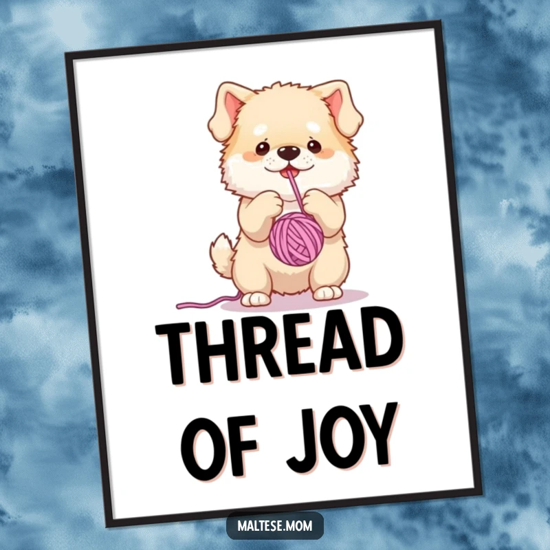 Funny digital art print of a small, fluffy dog character utterly absorbed in batting a dangling yarn ball, capturing pure joy.