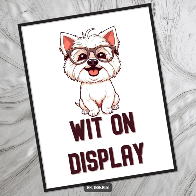 Funny Maltese dog digital art print of a giggling white dog wearing oversized glasses and striking a silly pose.