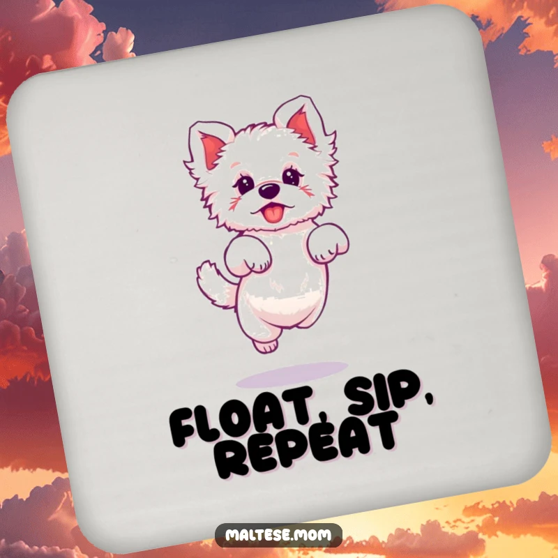 Funny drink coaster featuring a Maltese dog character doing a tiny, elegant jump, adding playful charm.