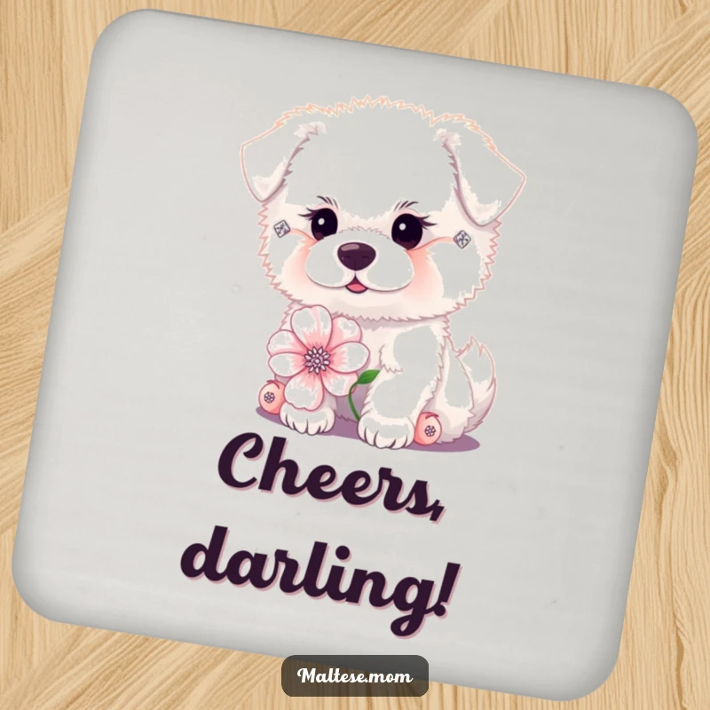 Funny tiny fluffy white dog with diamond earrings posing with a flower on a drink coaster. Posh table accessory, ideal funny gift.