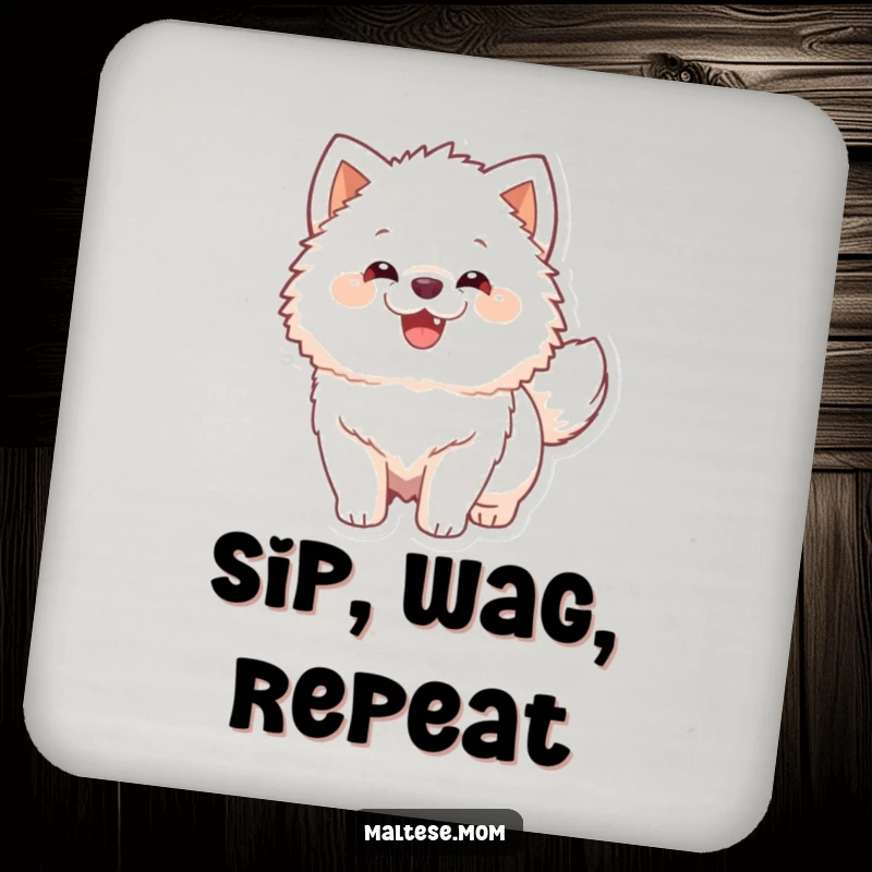 Funny Drink Coaster showcasing a fluffy white dog's enthusiastic tail wag, protecting surfaces with a smile.