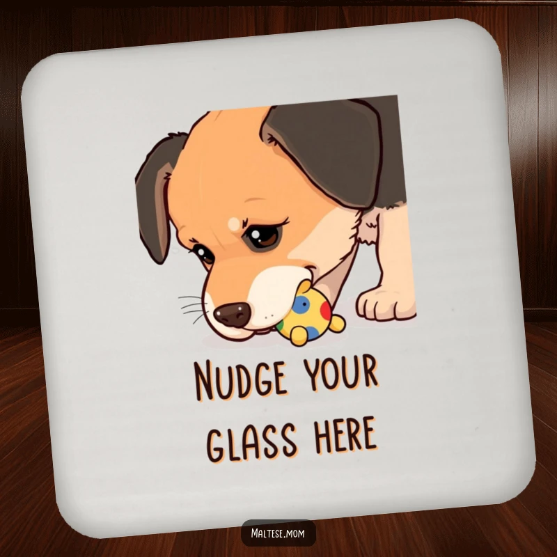 Funny Drink Coaster showcasing a dog nudging a small, colorful toy with its wet nose, adding playful protection.
