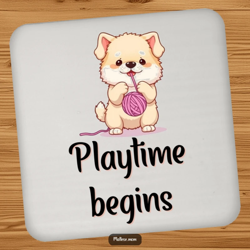 Funny coaster set with a fluffy dog character energetically batting a dangling yarn ball, protecting surfaces with humor.