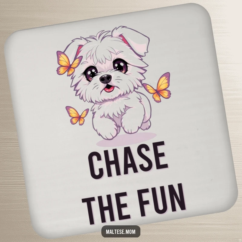 Funny Kawaii Maltese dog with sparkling eyes, chasing a butterfly, a humorous and protective drink coaster.