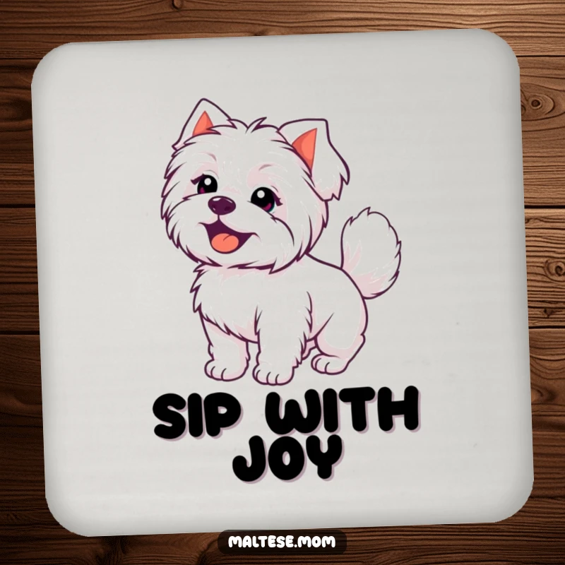 Funny Kawaii Maltese dog with a joyful expression and wagging tail, a humorous and protective drink coaster.