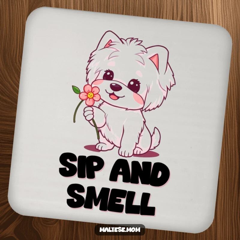 Funny Maltese Dog Coaster: Protects surfaces with a dog offering a flower with a sweet smile, adding heartwarming humor.