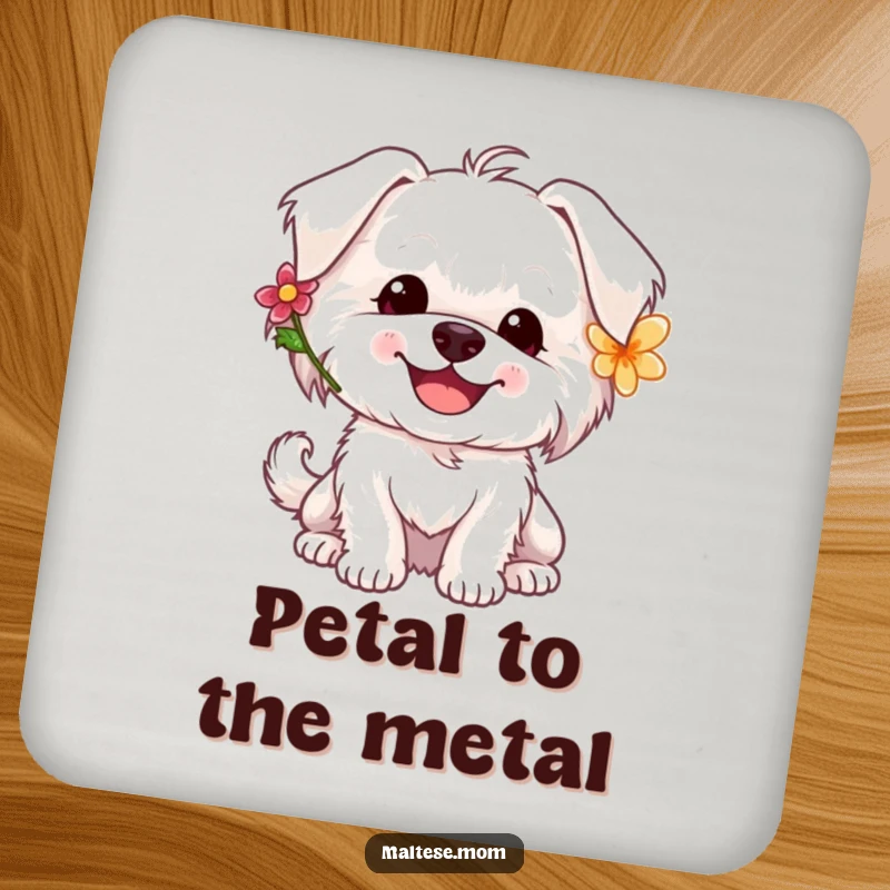 Funny Maltese dog coasters with a happy white dog wearing a flower, its tail wagging joyfully.