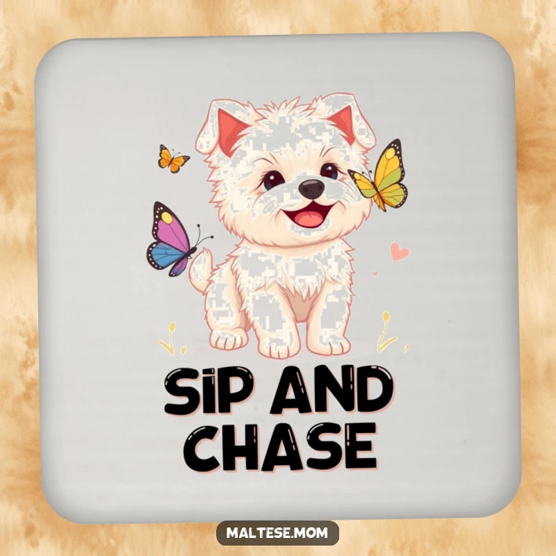Funny drink coaster featuring a happy Maltese puppy chasing a butterfly, adding cute and playful decor.