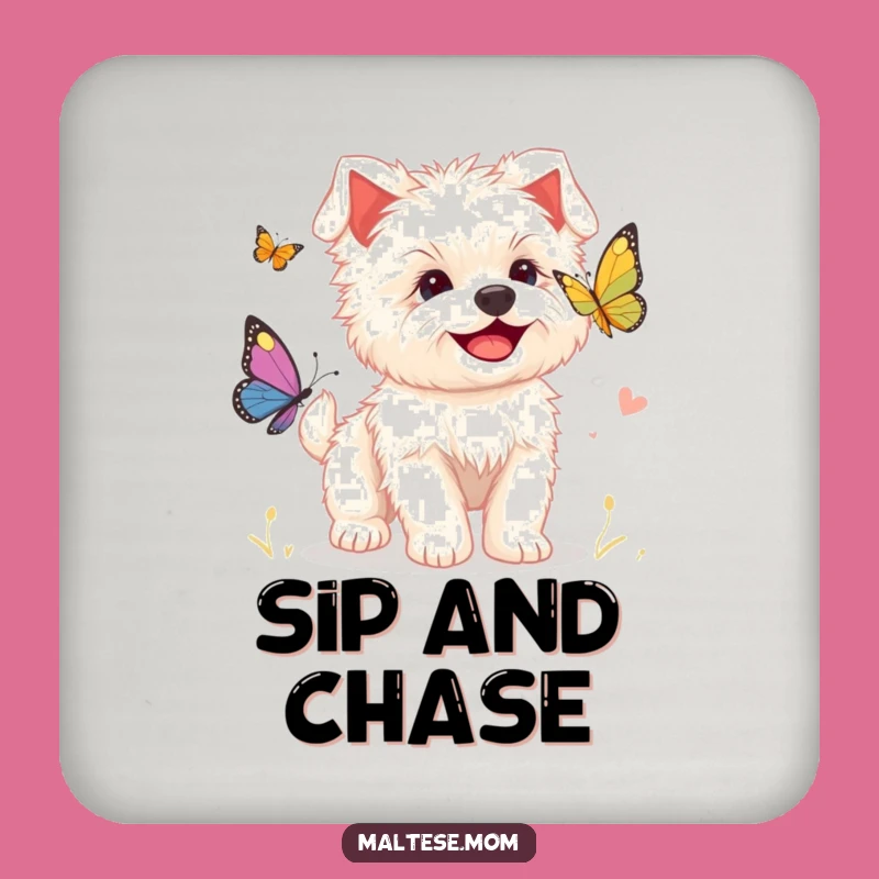 Funny Maltese Puppy Coaster, Cute Butterfly Chase Drink Decor