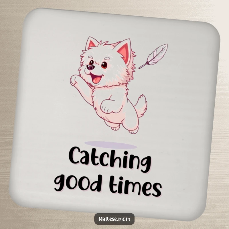 Funny Maltese puppy in mid-leap, joyfully chasing a feather, presented on a protective and humorous drink coaster.