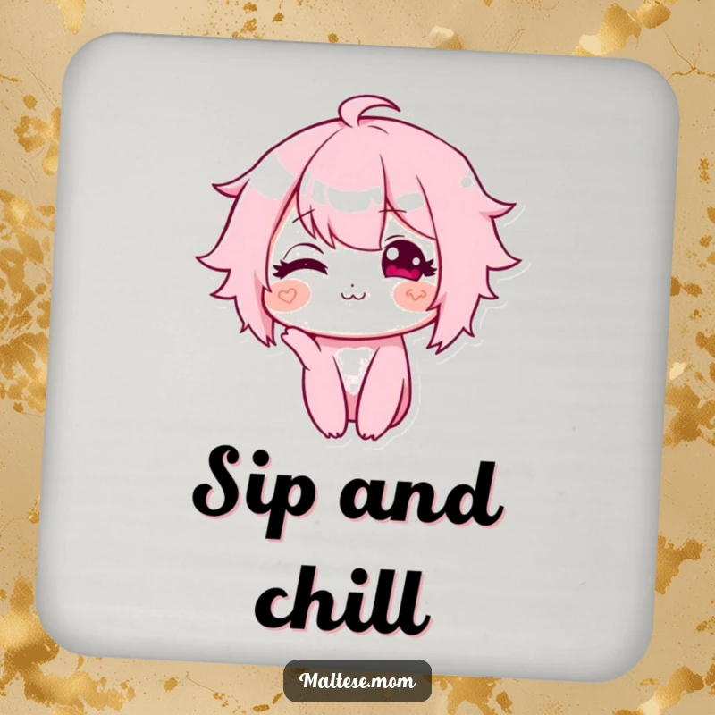 Funny drink coaster with a character displaying a tiny, sweet smile and a slight head tilt, adding a cute and protective touch.