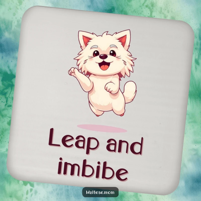 Funny Maltese lady dog coasters, performing an enthusiastic leap, protecting surfaces.