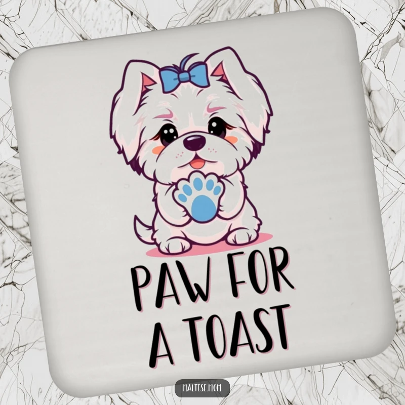 Funny drink coaster featuring a Maltese dog character offering a paw with a charming look, adding friendly charm.