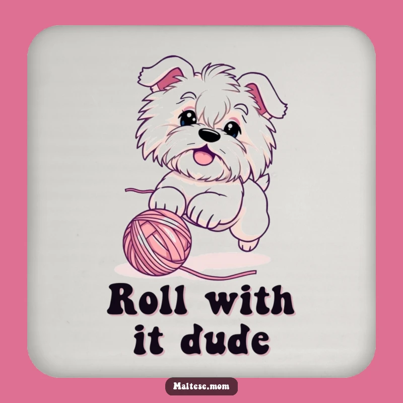 Funny Maltese Dog Yarn Chase Coaster - Playful Puppy Table Protector