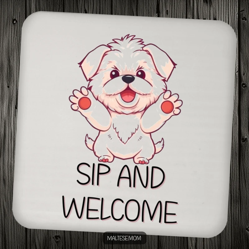 Funny Kawaii Maltese dog coaster, showing a cute white dog with paws outstretched in a welcoming pose, a friendly addition to any table.