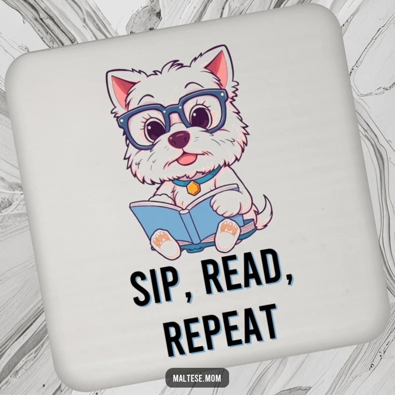 Funny Maltese Dog Coasters: A Maltese dog wearing glasses reads a book, protecting surfaces with scholarly humor.