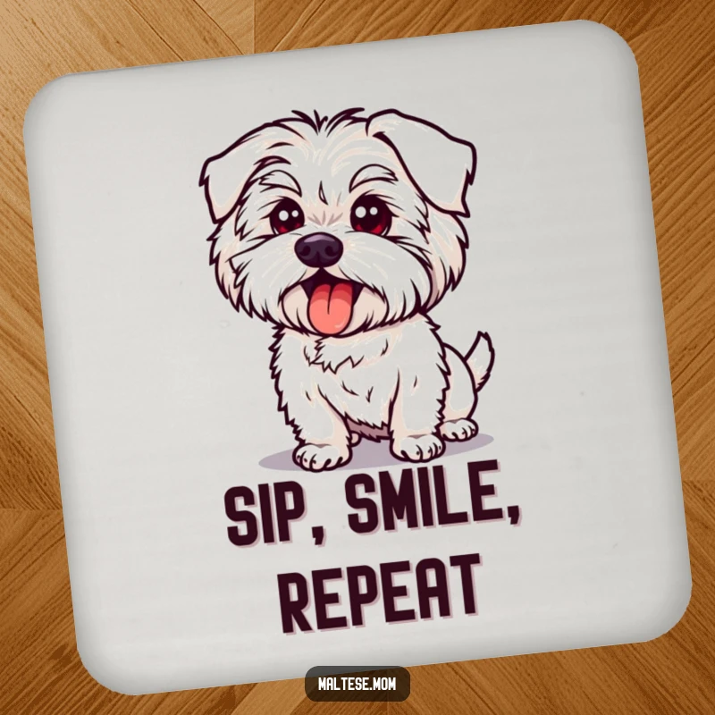Funny Maltese Dog Coaster: Protects surfaces with a dog in a silly pose, tongue out, adding goofy humor.