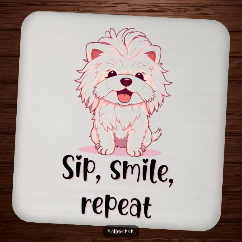 Funny Maltese Dog Coasters: A Maltese with a fluffy mane shakes its head with delight, protecting surfaces with charm.
