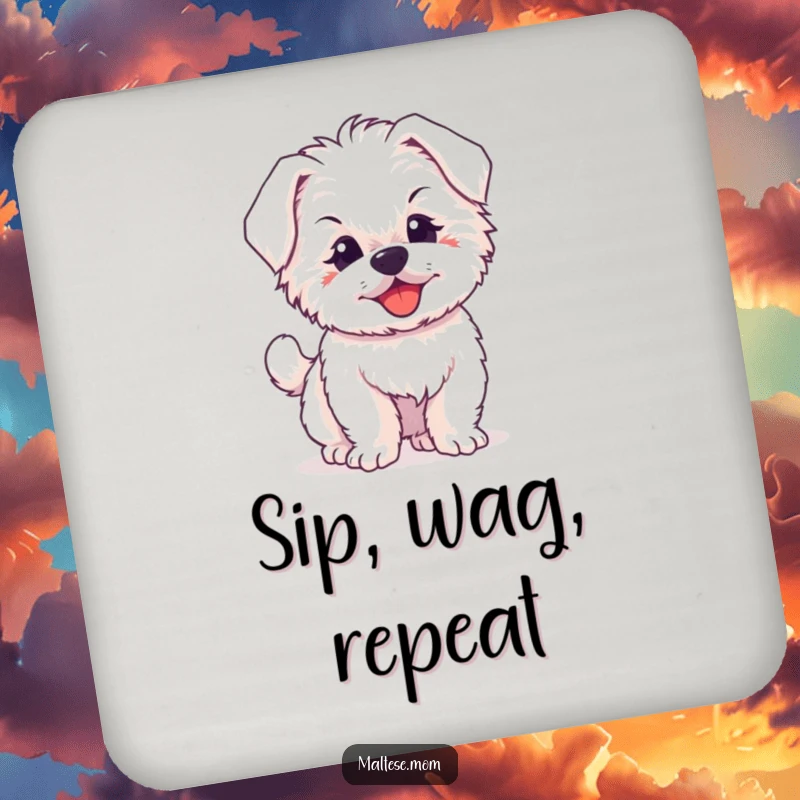 Funny drink coaster featuring a fluffy Maltese puppy expressing happiness through its joyfully wagging tail.