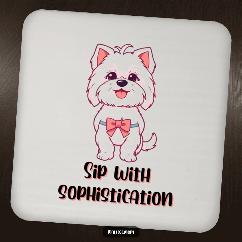 Funny Maltese coaster illustration of a happy Maltese dog panting playfully, with a tiny bow adding a whimsical touch to your table.