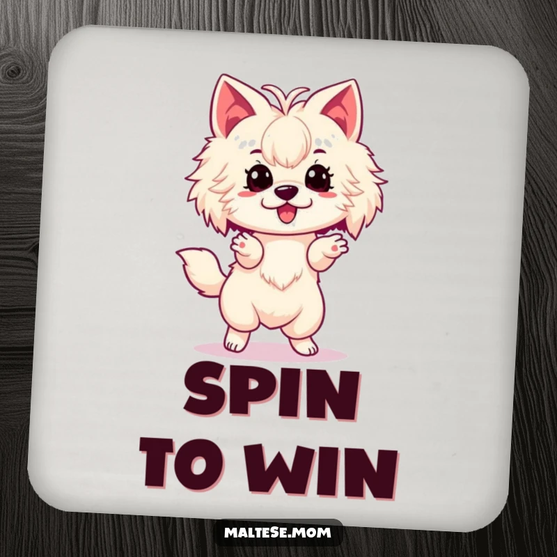 Funny Maltese Coaster set featuring a lady dog in an excited spin, adding a touch of humor to drink protection.