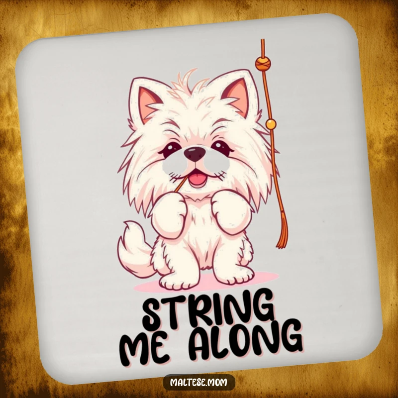 Funny Maltese lady dog coasters, batting at a string, protecting surfaces.