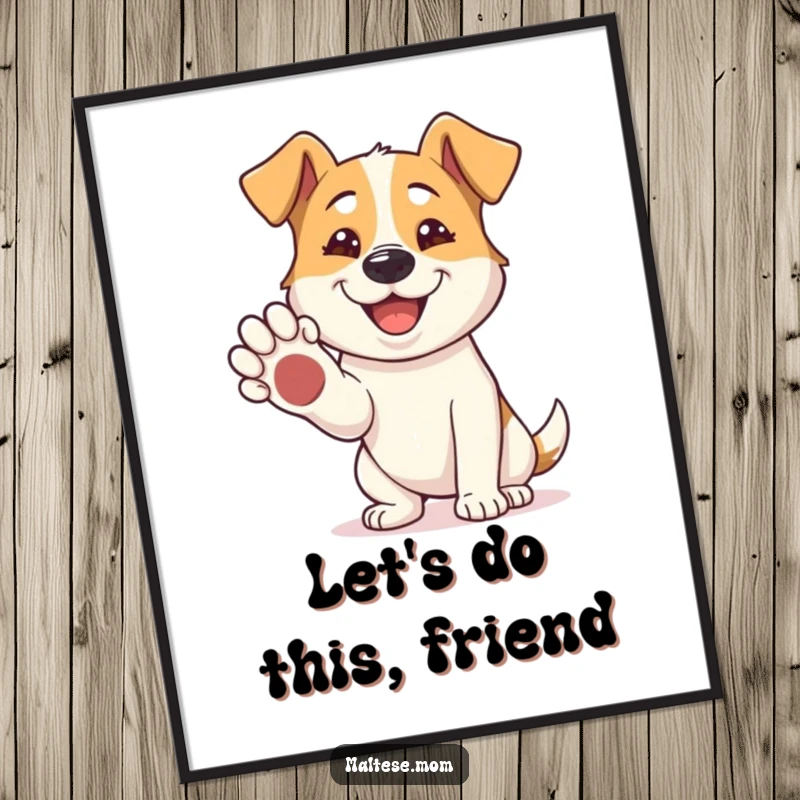 Funny Poster: A dog offers its paw for a shake, its grin wide and friendly, conveying a warm and welcoming emotion.